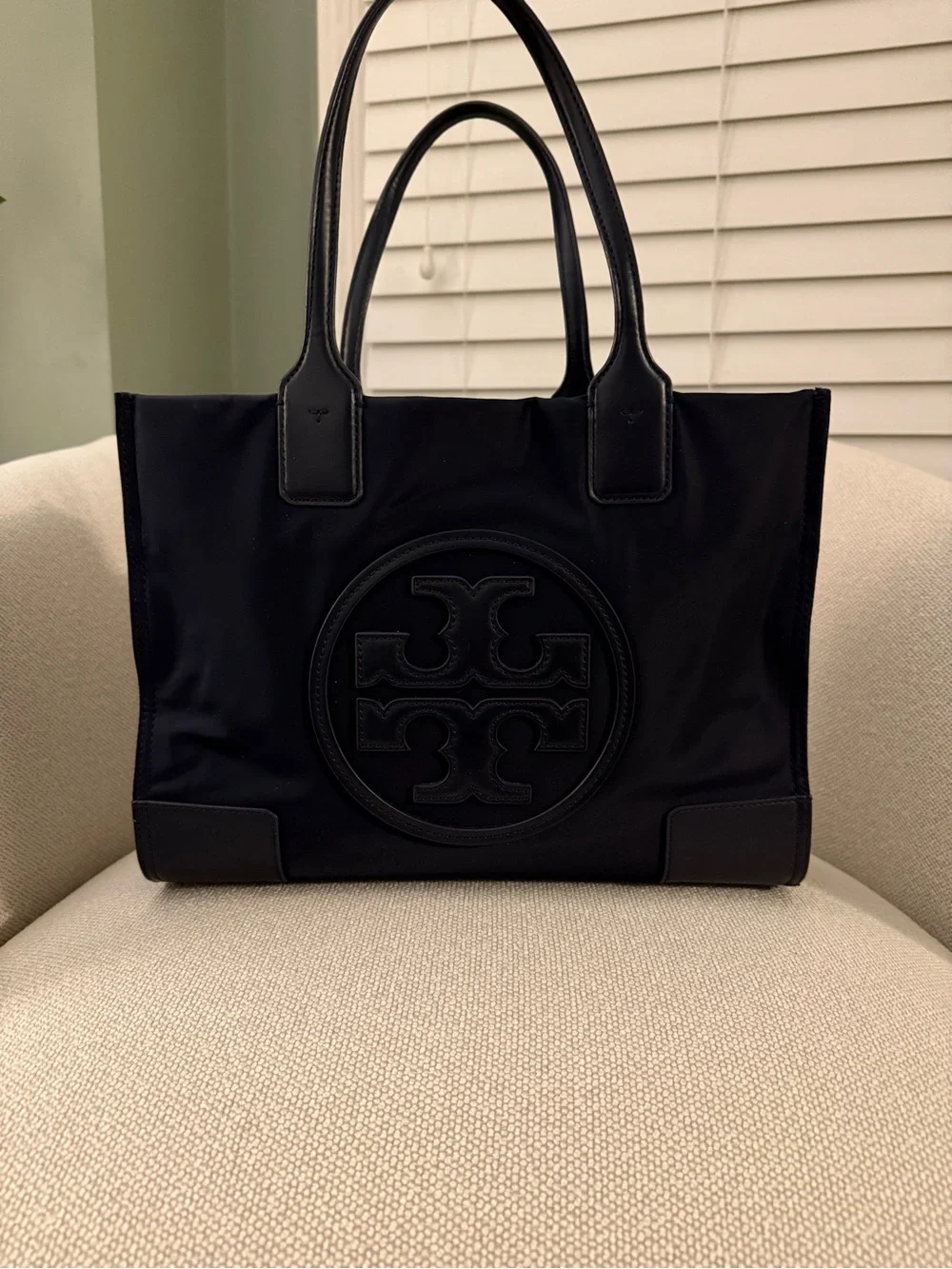 Tory Burch Small Navy Ella Tote with Leather Trim